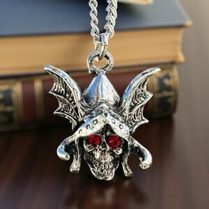 Gothic Bat Warrior Skull Fantasy Necklace Red Crystal Eyes Signed JP Silver Tone
